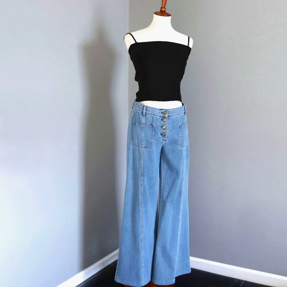 Chloe 6 / F 38 Denim Wide Flare Jeans Bell Bottom Button Fly Patch Pocket - Picture 5 of 15